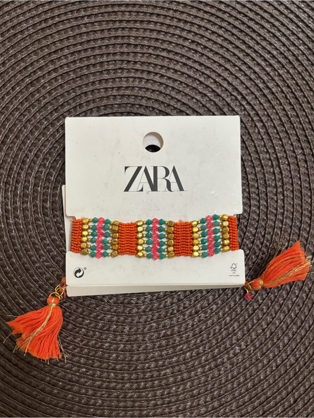ZARA Orange Woven Bracelet with Multicolor Beads and Tassels